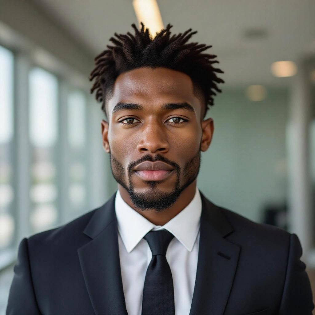 Professional portrait of a man in a business suit standing in an office setting. Serious expression, formal attire, headshot style, clean background with soft lighting.