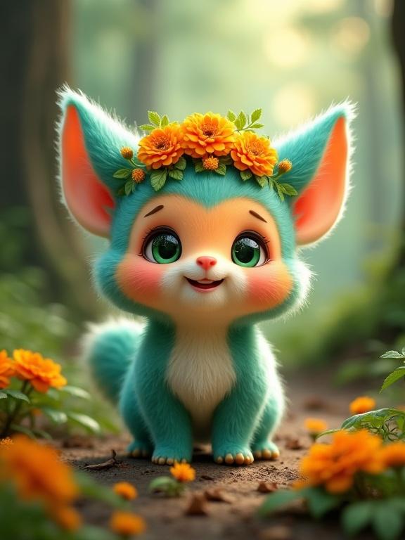 Whimsical animated creature with peach face and green eyes standing on forest floor with flower crown. Fluffy teal-blue fur and pink blush cheeks. Short legs and rounded paws. Background features lush green forest and glowing lights.