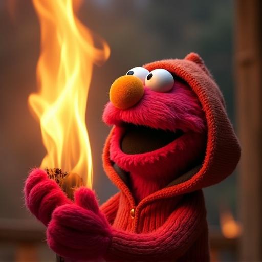 Elmo in a cozy hoodie. Elmo holding flames in his hands. Cheerful expression. Bright warm colors. Close-up view.