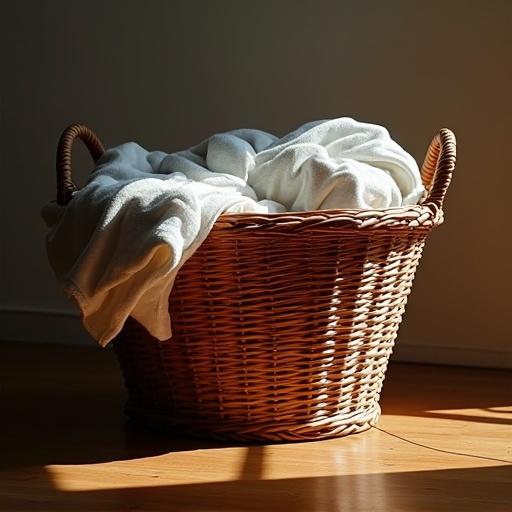 Traditional laundry basket filled with clothes under shadow and lighting illusion. Clothes form QR code shape representing daily life as data. Warm domestic colors create an illusionary effect.