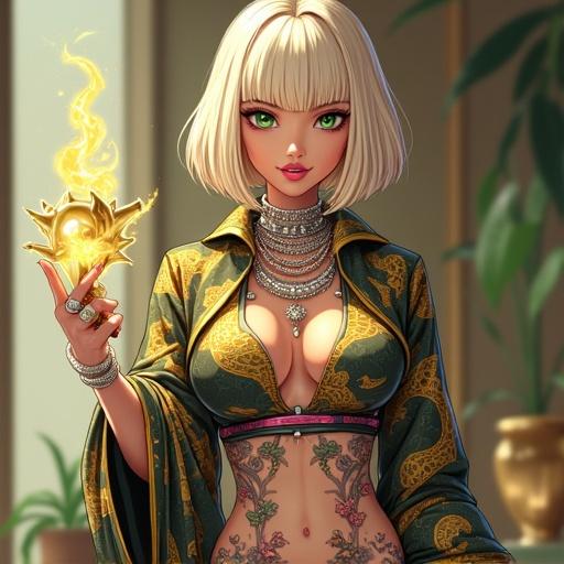 Anime character in futuristic fashion. Light blonde bob hairstyle. Emerald green eyes. Luxurious mega mansion background. Holding energy in hand. Traditional Japanese tattoos visible. Over the top sexy dress with mantis dragon print. Badass expression.