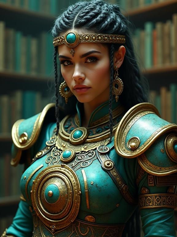 Digital fantasy art portrait of a warrior in ornate steampunk armor. The armor has a turquoise and bronze color scheme. Intricate mechanical details and circular gauges are visible. Large shoulder pauldrons feature mechanical components. The warrior wears a leather headpiece with metal accents. Large earrings have Egyptian-style designs. Dimly lit library background with green bookshelves enhances the scene. Dramatic lighting highlights metallic armor details.