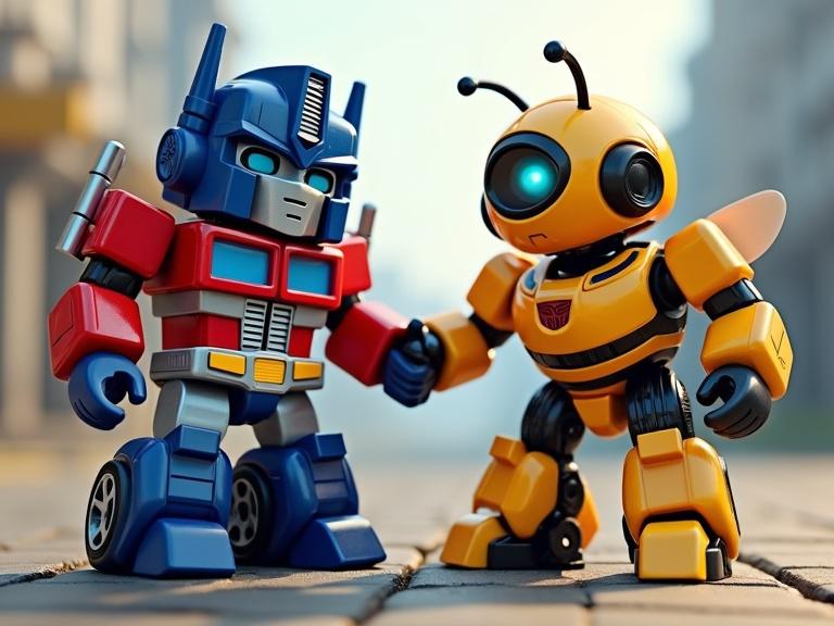 Optimus Prime Transformer Robot and Bumblebee Transformer Robot shake hands. Bright colors. 3D rendering.