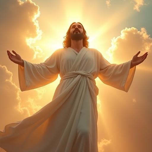 Majestic depiction of Jesus Christ during the Resurrection. Surrounded by bright divine light. Wearing flowing white robes. Arms open to the sky. Glowing wounds on hands. Heavenly clouds in the background. Golden rays shining through. Peaceful and powerful expression. Ultra-realistic and highly detailed.