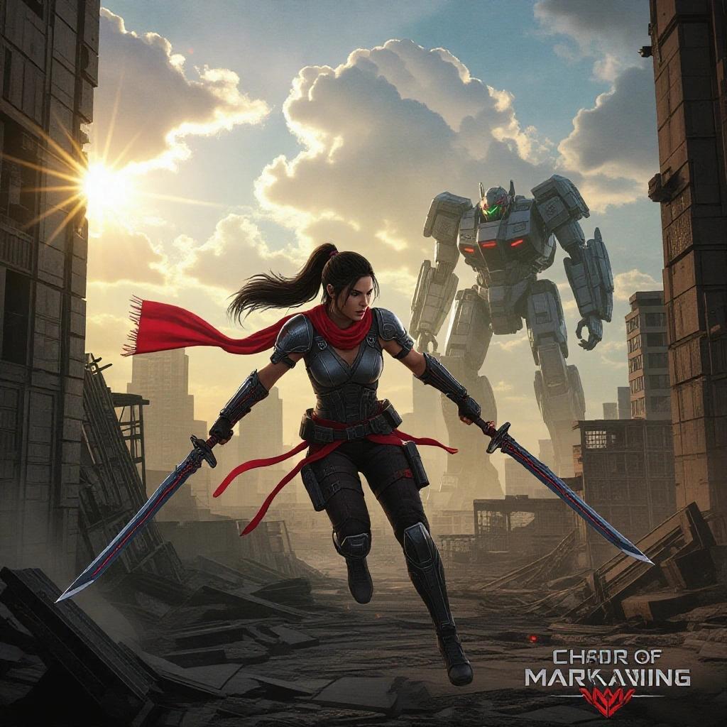 A female warrior in tactical gear with a red scarf is soaring through the air in a ruined cityscape. She uses advanced grappling equipment. The warrior holds two curved swords and charges toward a towering combat mech in the distance. The sky is overcast with dramatic light rays breaking through clouds. Dust and smoke fill the scene, capturing a tense moment of high-tech urban warfare.