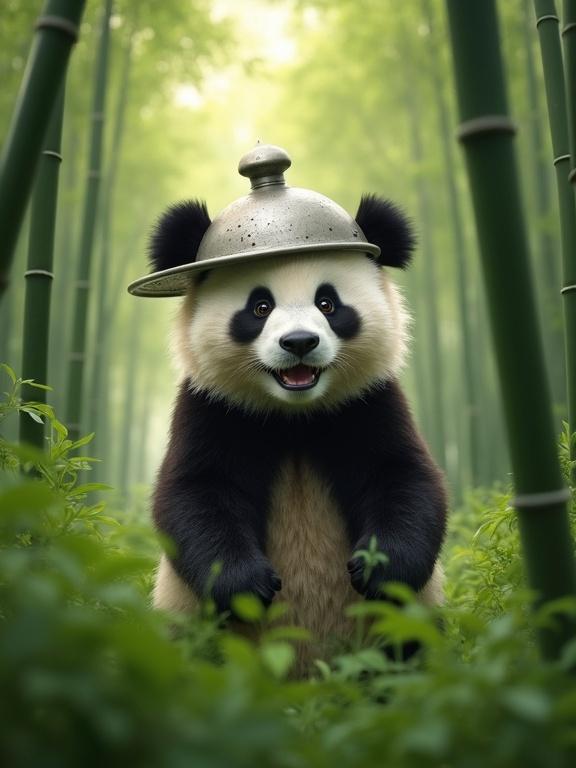 Happy smiling panda wearing reverse colander on its head in bamboo forest. Greeting pose surrounded by lush grass and bamboo. Soft green aesthetic with plush texture.