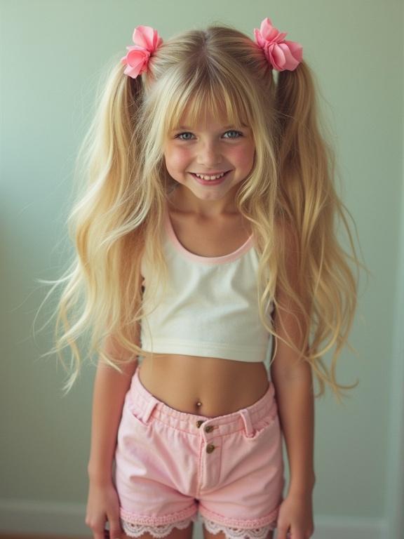 A young girl with long blonde hair styled in twin tails. She wears pink bows in her hair. The outfit is a white crop top and pale pink micro-skirt. Her legs are clad in thigh-high socks featuring lace details. Simple black shoes complement the look. The personality comes out through a flirty smile. The overall look is youthful and fun. The image is low resolution and shows signs of over-saturation. The colors are vivid and somewhat unnatural, reminiscent of early Instagram filters.