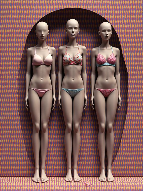 Skinny human bodies wearing tiny bikinis of different designs stand side by side. The background features an optical art pattern resembling a needlepicture. The work reflects styles similar to Bridget Riley and Victor Vasarely. The piece incorporates a 3D illusion, color gradients, micropatterns, and layered visuals, creating fine grain abstraction.