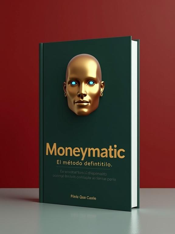 A book titled Moneymatic is shown. The subtitle is El método definitivo. The cover is dark green with a sleek minimalistic design. The book stands perfectly vertical on a smooth surface. The background is reddish-gray, creating contrast with the cover. The overall design feels modern and sophisticated.
