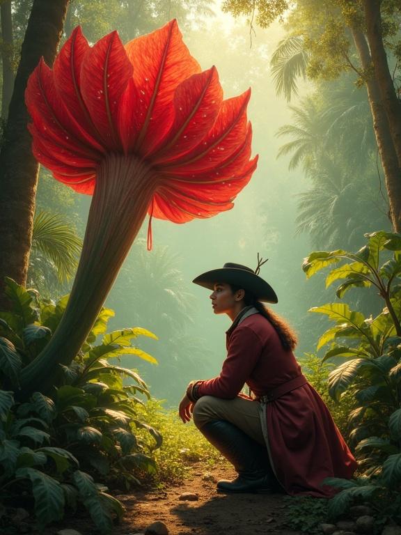 Hyper-realistic and vibrant digital illustration of a European female botanist from the 1700s discovering a massive Rafflesia arnoldii flower deep in the tropical rainforest of Sumatra. She wears colonial-era expedition clothes including a tricorn hat and long coat, crouching in awe near the giant red flower with white speckles. The jungle is lush and misty with golden sunlight breaking through the canopy. Color grading inspired by colonial-era paintings with earthy tones, faded greens, and soft vintage warmth.