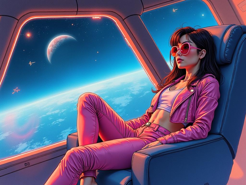 Watercolor painting of young woman lounging in pilot chair aboard spaceship wearing glossy cropped jacket fitted pants heart-shaped sunglasses. She sits relaxed turned away from panoramic window showing glowing space station distant planet. Neon reflections light cockpit. Retro-futuristic cinematic style.