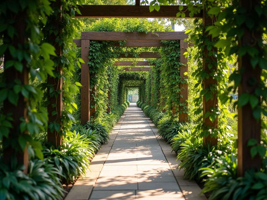 This image depicts a tranquil garden pathway, flanked by lush greenery. The path is straight and leads into a serene distance, framed by wooden arches covered in vines. The sunlight filters through the leaves, creating a warm and inviting atmosphere. Lush foliage lines the edges, enhancing the sense of peace. The scene invites viewers to imagine a leisurely stroll through this beautiful garden.