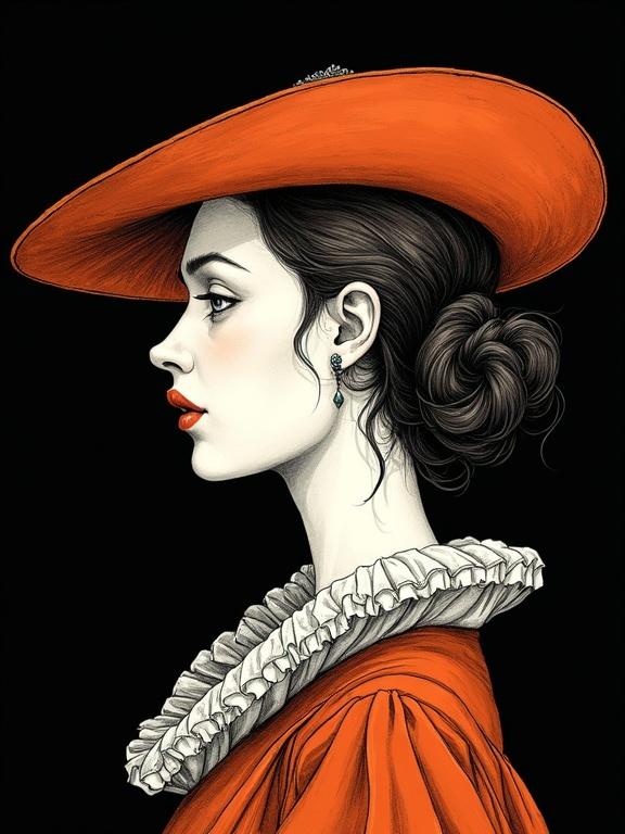 Illustration of a woman in Renaissance style. She wears an elegant orange hat and a ruffled collar. The background is black, emphasizing her profile. The woman's expression is sly with a soft gaze. Deep shadows and contours accentuate her features. Bold lines and scratched ink details add texture.