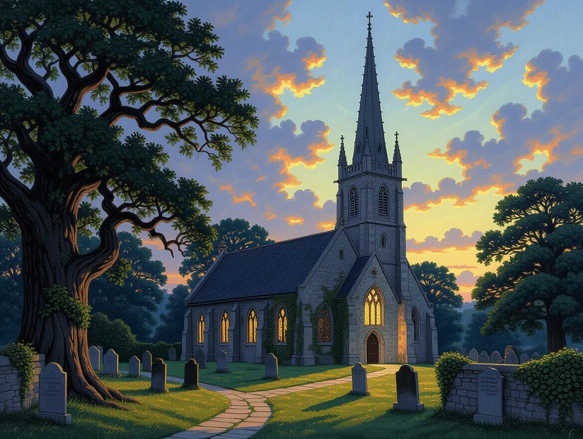 A medieval English parish church is surrounded by elm trees during the blue hour. Gothic spire reaches toward the luminous clouds. Golden light shines from the church windows. Shadows are cast by ancient yew trees. Gravestones and ivy-covered walls create a romantic melancholy scene.