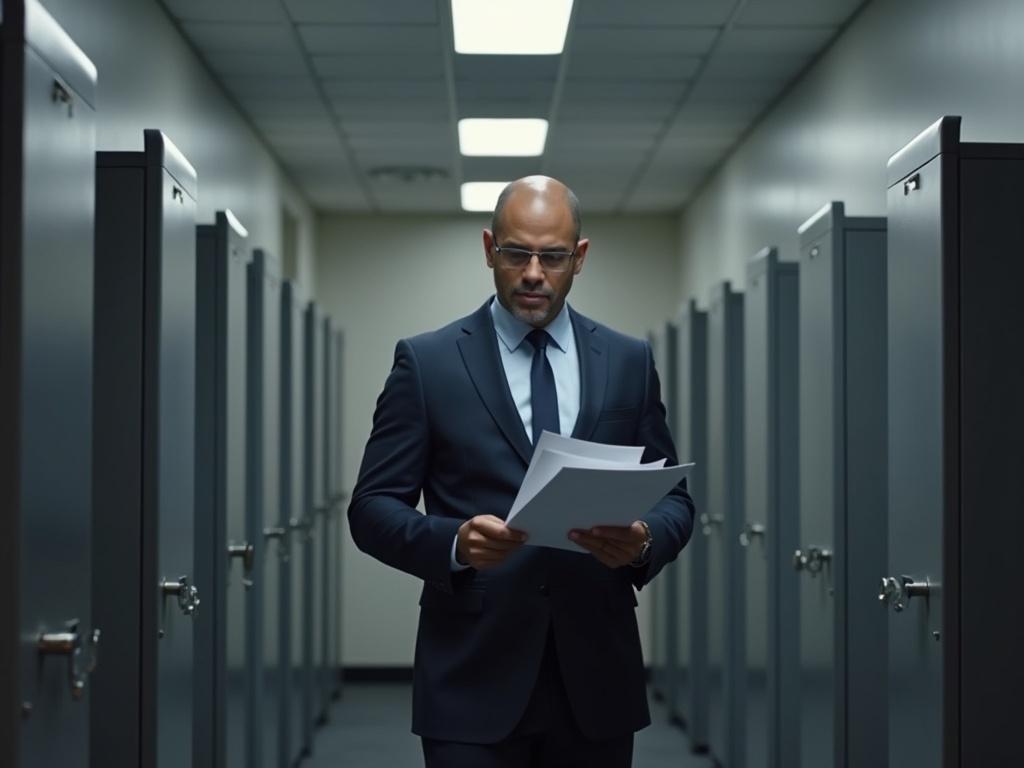 Photorealistic single portrait of a confident auditor in a modern government office, positioned between a row of grey cubicles, focused on documents he is holding. The lighting is balanced with soft shadows creating a calm, professional atmosphere. The color palette is muted, maintaining a sophisticated look. The framing mimics Vogue-style editorial photography, with an emphasis on elegance and composure.