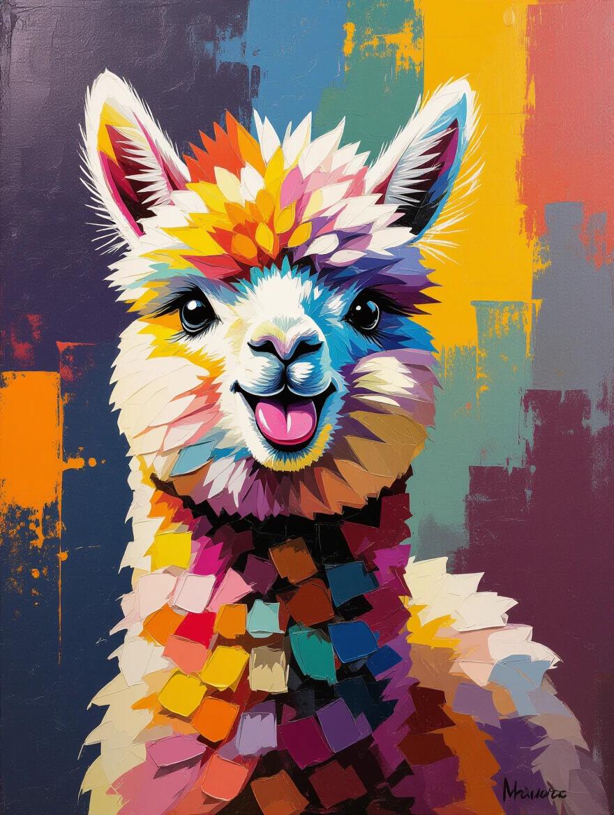 A colorful baby alpaca appears cheerful and goofy with its tongue hanging out. It is painted with large thick palette knife globs of paint. The painting features a multicolored textured background with massive globs creating a messy yet vibrant art piece.