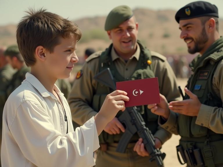 A young boy dressed in white hands a dark red invitation card to a soldier. A policeman stands next to them. The soldier displays surprise and a faint smile. The scene is in a warm environment, suggesting a cultural event.