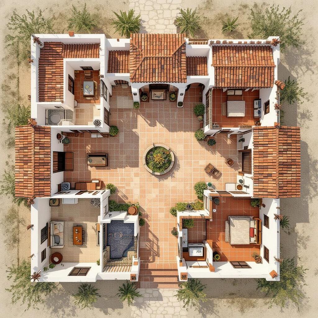 Architectural top-down view of Mexican hacienda-style house. Full layout of house on 742.75 square meter plot. Central open-air patio with no roof. Connected rooms include bedrooms kitchen bathrooms living areas. Narrow circular mesh shade around patio forming corridor. White stucco walls clay tile roofs arched wooden doors windows rustic terracotta flooring. Land boundaries match house dimensions. Surrounding garden area trees cobblestone entrance.