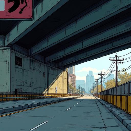 Illustration of a city under a highway. The scene captures an urban setting. The style aspects reflect a Borderlands aesthetic with bold lines and vibrant colors. Include city buildings in the background and power poles along the road. The road appears empty and desolate.