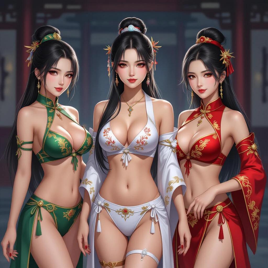 Create a sect of women inspired by classic Chinese xianxia. The women wear revealing traditional clothing like bra and panties. They are in the sect headquarters. They have accessories unique to their sect.