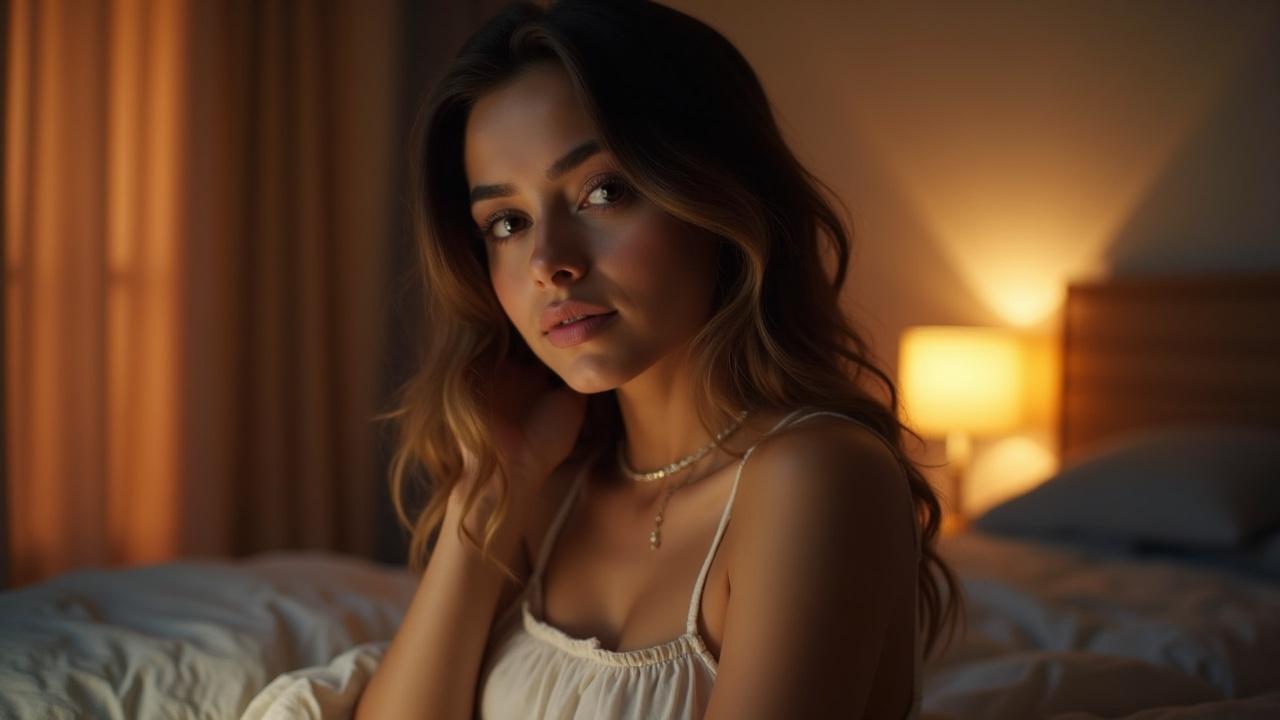 A woman in a white dress sitting on a bed with soft string lights in the background.