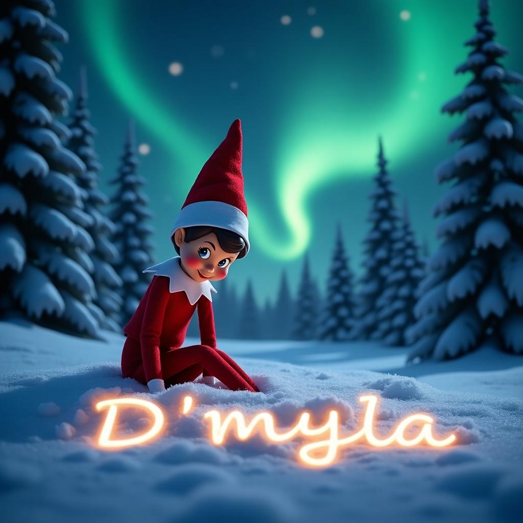 An animated elf is sitting in the snow. The elf wears a red outfit. The elf is writing the name 'D'myla' in the snow. The name is in cursive and illuminated. A night sky with northern lights is in the backdrop. Snow-covered pine trees frame the scene.