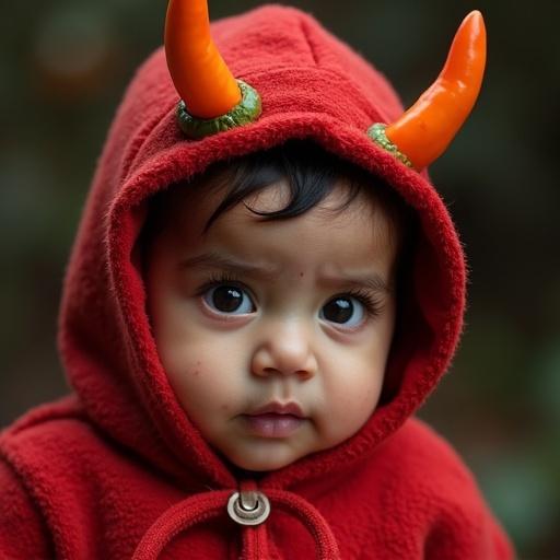 Closeup shot of an Indian baby wearing a chilies hoodie resembling a demon. Chilies function as demon horns. The baby has big expressive eyes and an inquisitive expression.