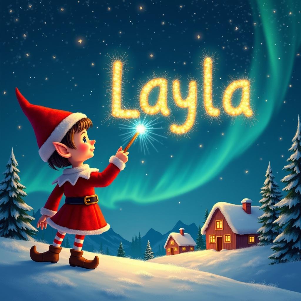 An elf in a vibrant red outfit writes the name Layla using a magical wand. The starry night sky serves as a canvas for shimmering letters. Below lie charming houses and evergreen trees, all illuminated by Northern Lights. A scene full of childhood magic and Christmas spirit.