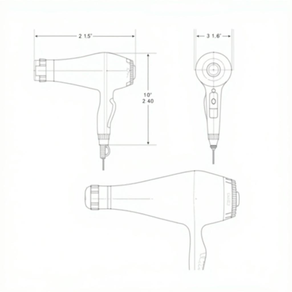 Illustration shows Philips SalonDry hairdryer with dimensions labeled. Hairdryer displayed from front, back, top, bottom, and side views. Clean illustration for technical use. Clearly lit to enhance visibility.