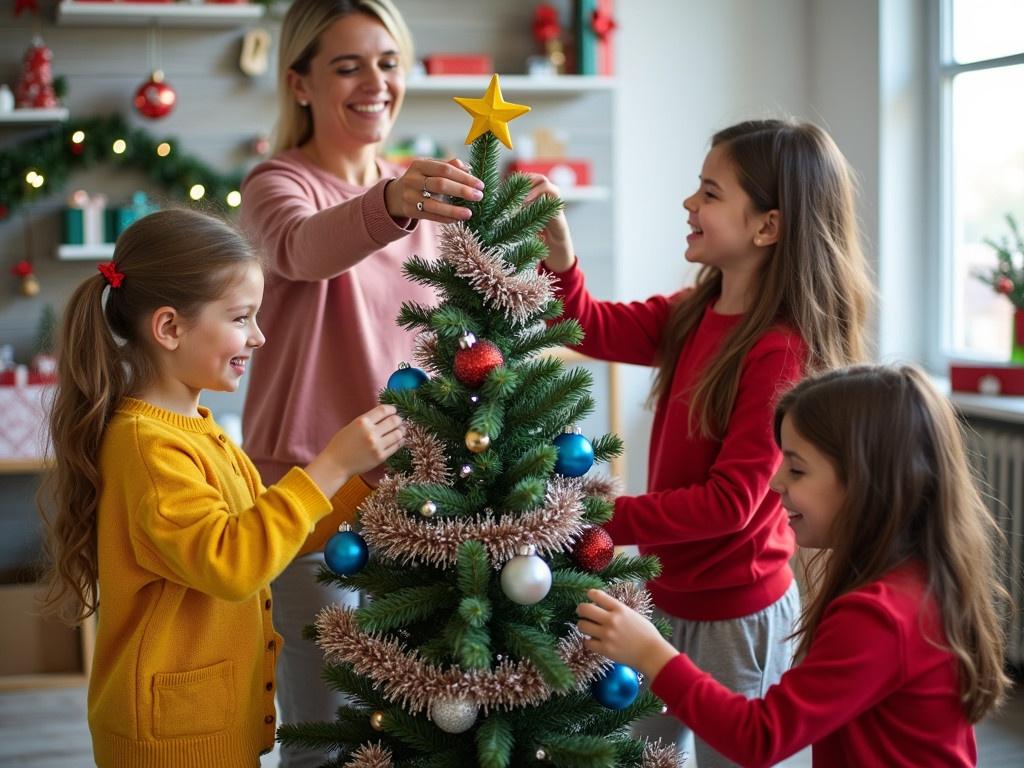 A festive indoor scene with a group of four children and a woman gathered around a small decorated Christmas tree. They are joyfully decorating the tree with colorful ornaments and tinsel. One girl is wearing a cheerful yellow cardigan, while another is dressed in a red outfit. The woman is helping by placing a blue ornament on the tree. The room is bright and decorated with various Christmas decorations, including a wrapped gifts and festive garlands. The overall mood is joyful and filled with holiday spirit.