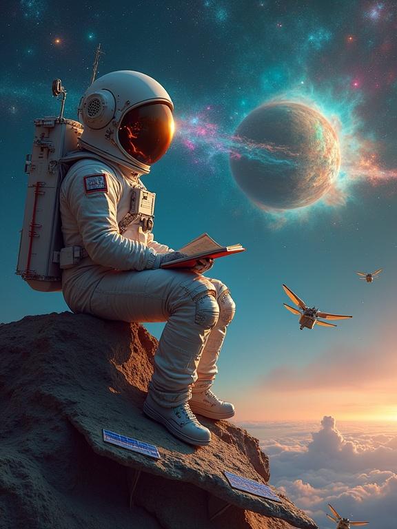 An astronaut wearing a modified helmet listens to the cosmos. Sound waves are visualized as colorful patterns. The astronaut sits on an asteroid transformed into a listening station with solar panels. Small satellites orbit around. Notebooks with musical notations float nearby. A nebula shaped like a giant ear appears in the distance.