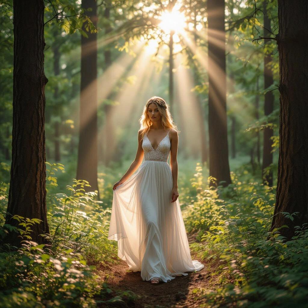 A woman in a flowing white dress stands in a forest surrounded by trees. Sunlight filters through the leaves creating beautiful light rays. The atmosphere feels enchanting and serene. Shadows and highlights play on the forest floor.
