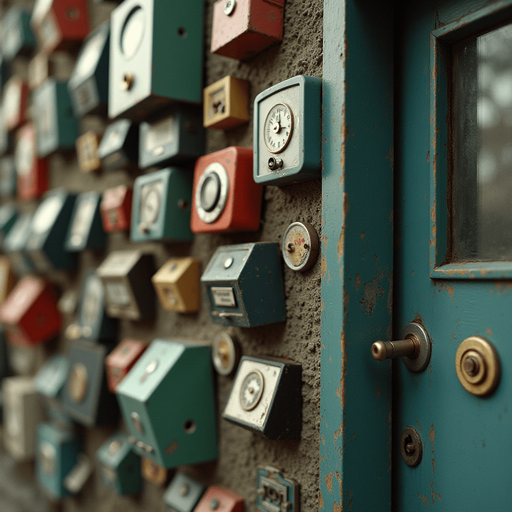 A textured wall adorned with colorful vintage clocks and boxes beside a rustic door.