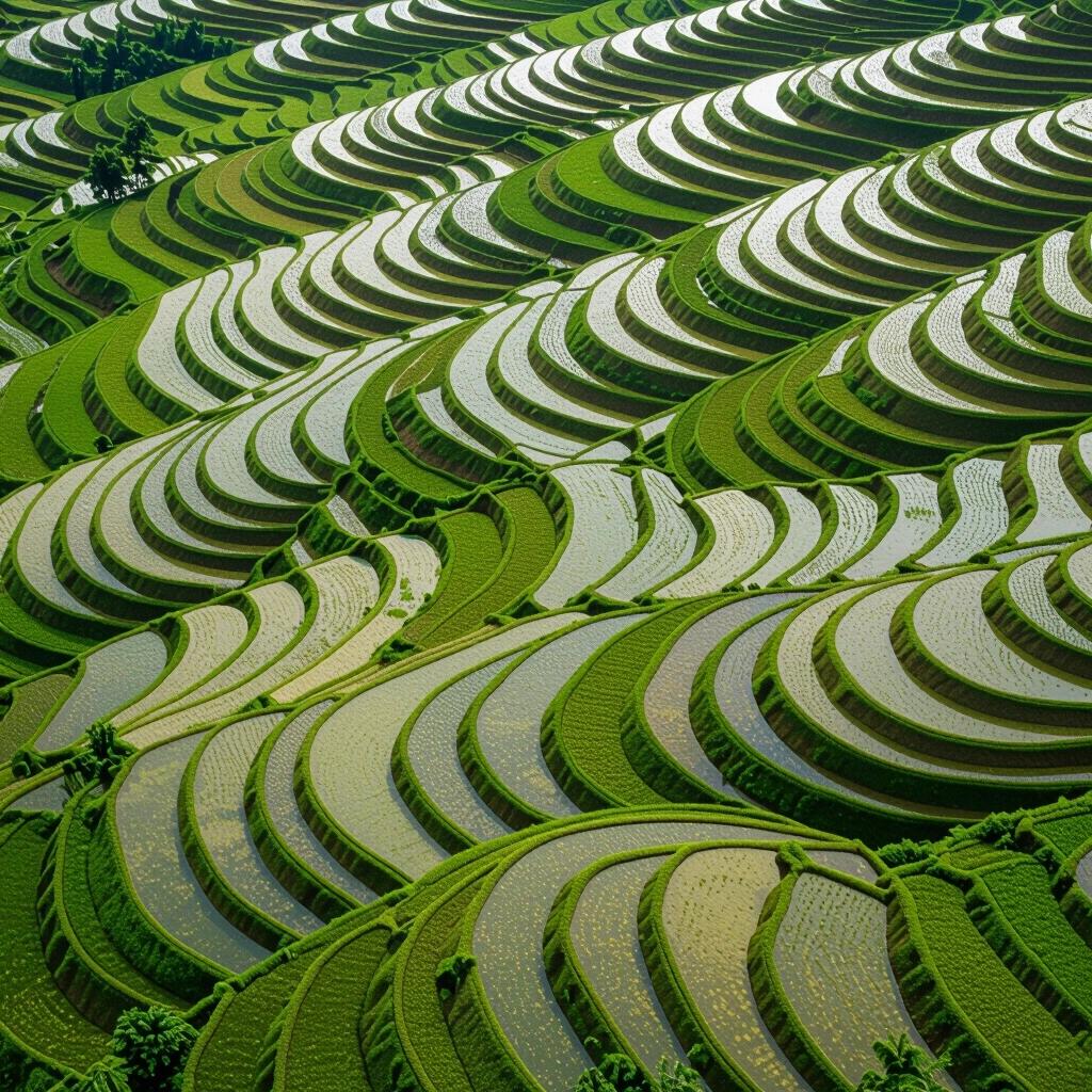 Aerial view of terraced rice fields. Fields display distinct recursive arcs. Lush greenery with water-filled terraces. Smooth curves of the landscape create a rhythmic pattern.