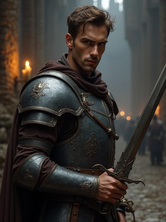Dramatic portrait of a soldier with sharp features and intense eyes. Standing in a dim garrison. Short, windswept brown hair. Dark-grey steel-plated breastplate with engravings over a brown leather jerkin. Slightly angled pose with weight balanced on both feet. Stoic expression with hints of weariness. Hands on hilt of an ornate sword. Shadowy medieval architecture in the background. Flickering candlelight illuminating stone walls. Dark fantasy art style with light and shadow contrast. Predominantly dark palette with candlelight glow.