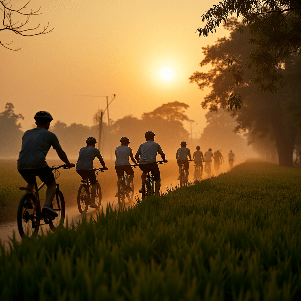 A group of cyclists rides along a dirt path through a misty meadow at sunrise.