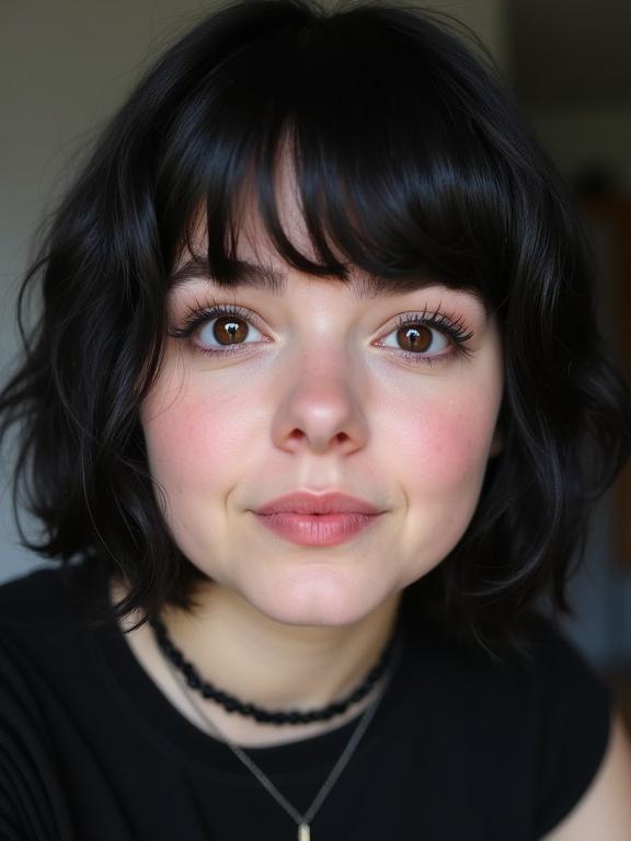 A young woman with black hair and dark eyes in a close-up shot. She has a happy expression and is making a kissy face. The overall look is goth with a casual outfit.