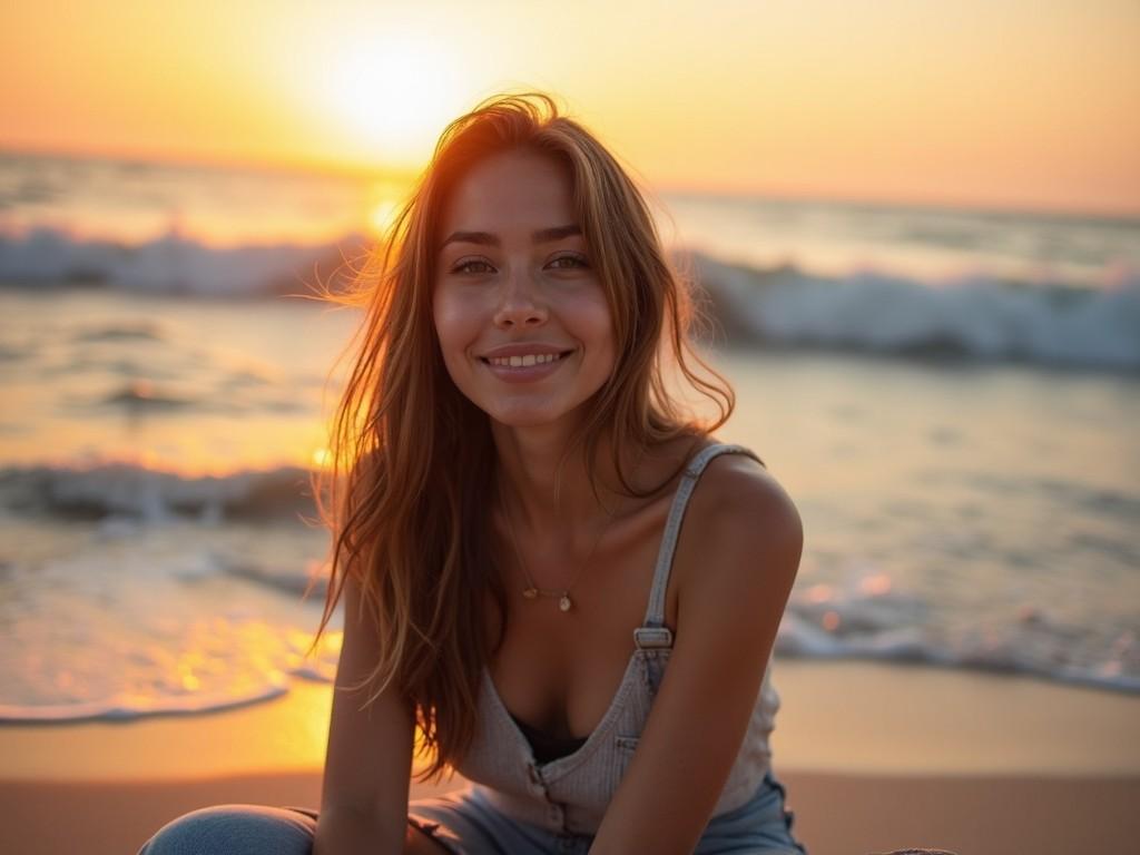 A young woman is sitting on a beach at sunset. She has a joyful smile and long, flowing hair. The waves are gently crashing behind her, creating a peaceful atmosphere. The sun is setting on the horizon, casting warm golden hues over the scene. She's wearing casual beach attire, creating a relaxed vibe. This image captures a moment of happiness and tranquility by the ocean.