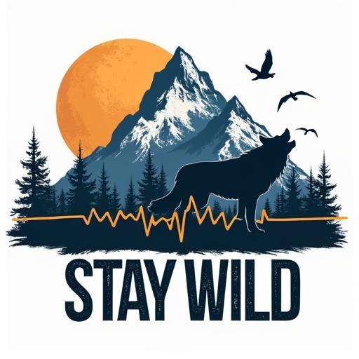 Mountain design features a dynamic silhouette of a wolf against rugged peaks. Birds soar in the background. An EKG heartbeat line integrates with the mountain theme. Bold text says STAY WILD. Graphic represents excitement of trail riding. Captures the spirit of mountains.