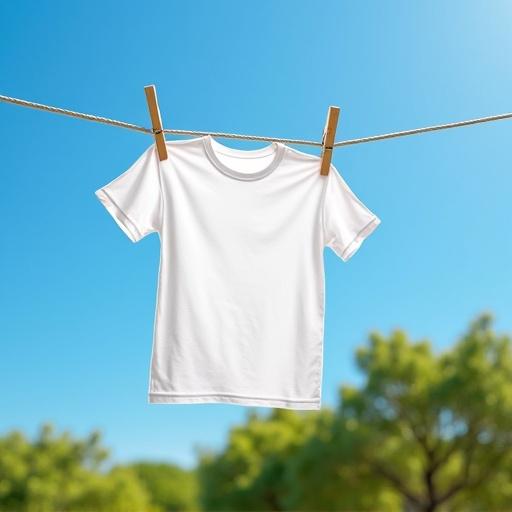 A white t-shirt hangs from a clothesline outdoors under a clear, bright blue sky. Two wooden clothespins keep the shirt secure. The background features soft focus green trees creating a garden atmosphere. T-shirt symbolizes summer fashion and freshness.