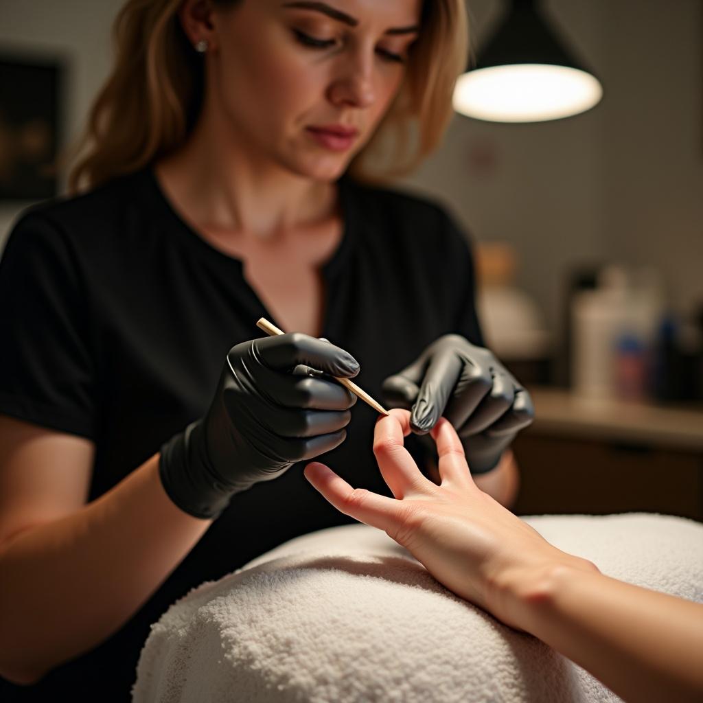 The image shows a manicure procedure. A manicure specialist wearing gloves is shaping a client's nail using a nail file. The setting is a modern beauty salon with warm lighting that creates an inviting atmosphere.