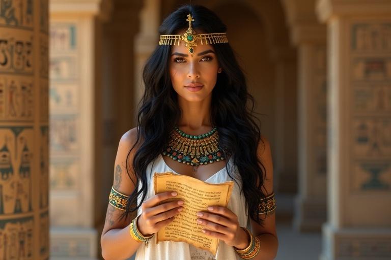 Hyperrealistic Egyptian woman stands centered. She has golden skin, almond-shaped eyes with black and green pharaoh-style eyeliner, full lips, defined eyebrows, and long black hair. She reads a slightly torn ancient scroll with Egyptian hieroglyphics. She wears a white linen dress with gold embroidery and colorful beaded necklaces, along with solid gold bracelets. Sacred Egyptian tattoos adorn her face, shoulders, arms, wrists, and hands. Focused on intricate details: jewelry, tattoos, and makeup. No background, softly lit figure.