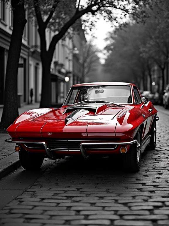 Striking red vintage muscle car parked on cobblestone street. Background desaturated in black and white. Overhead tree branches create dramatic shadows.