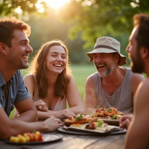 Four friends enjoy a summer barbecue at a picnic table. They laugh joyfully as sunlight gently illuminates their faces. Smoke rises from a barbecue oven placed on the table.