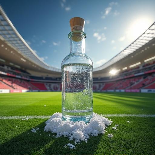 A glass bottle filled with sparkling water stands on a soccer field. Surrounding the bottle is a pile of salt. In the background, a football stadium with spectators is visible under a bright sky. The scene evokes a calm and refreshing atmosphere amidst a sports event.