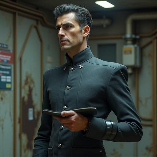 Photorealistic portrayal of a stern-faced male bureaucrat in a high-collared charcoal tunic. He holds a data slate inside a grungy starship cabin. Contrast shows his pristine appearance against a decaying environment. Emphasize sharp facial features and rigid posture.