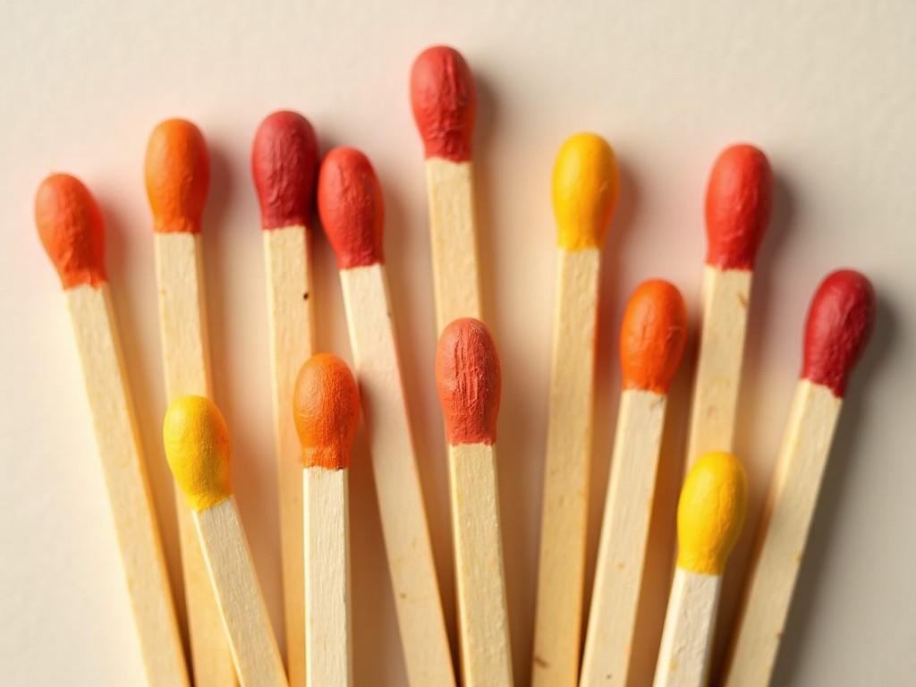 The image depicts a collection of wooden matchsticks arranged closely together, with their heads painted in a gradient of autumn colors, primarily reds, oranges, and yellows. The matchsticks stand upright, showcasing their vibrant tips against a neutral background. This composition evokes a sense of warmth and coziness associated with the fall season. The soft lighting highlights the textures of the wood and paint, enhancing the visual appeal. Overall, the image captures the essence of autumn through simple, everyday objects.