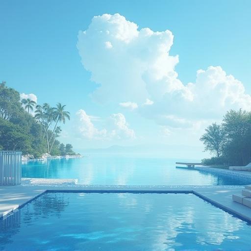 Image of a tranquil outdoor swimming pool with a serene atmosphere. Sky-blue color palette. Surroundings include greenery and distant mountains.