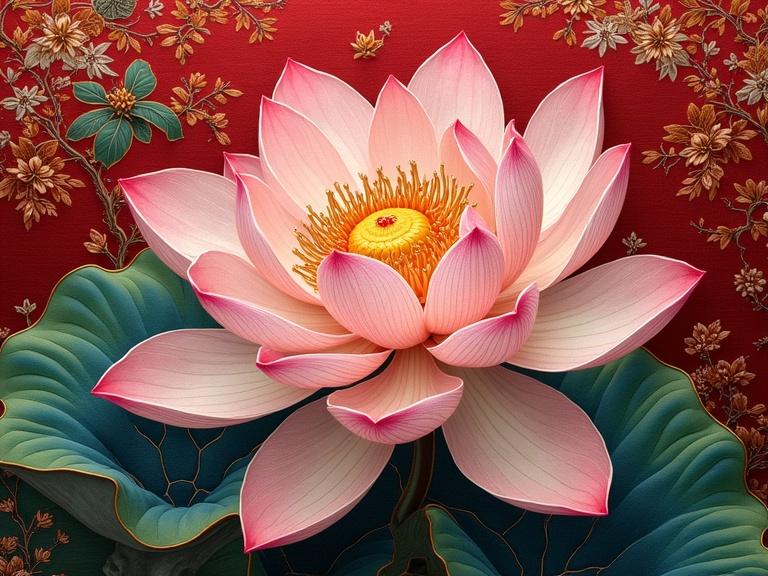 Gorgeous lotus flower design handcrafted with Chinese silk embroidery. Intricately detailed textures and brocade. Elegant and magnificent appearance.