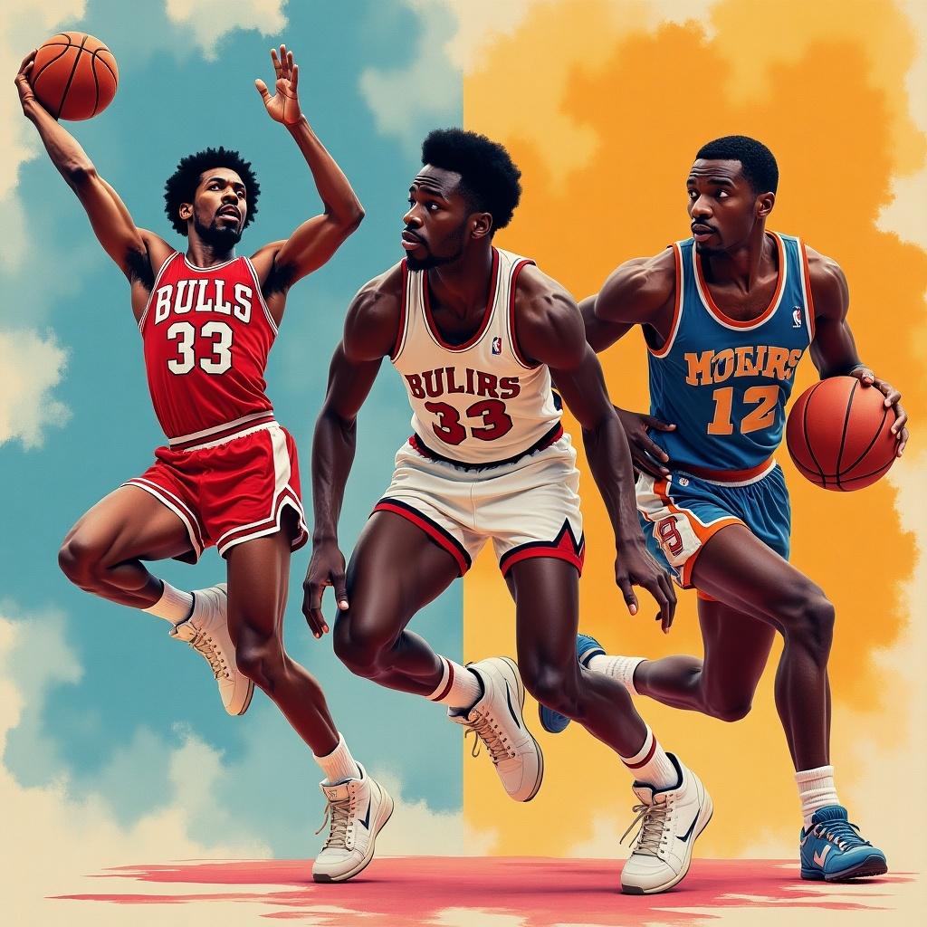 Basketball players in dynamic poses wearing team jerseys. Retro style artwork with vibrant colors. Emphasis on action and teamwork.